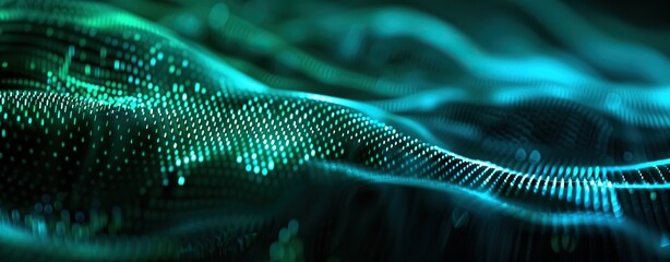 Particles dot wavy lines of blue and green colors, abstract background. Visualization of sound waves. Data transfer. Fantastic wallpaper