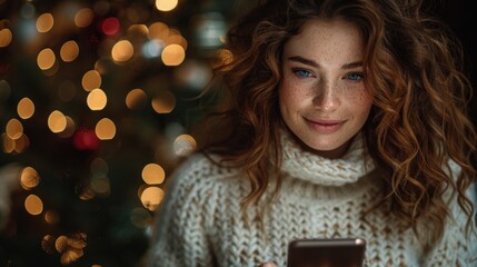 Woman in a white sweater with curly hair uses a smartphone in front of out-of-focus Christmas lights