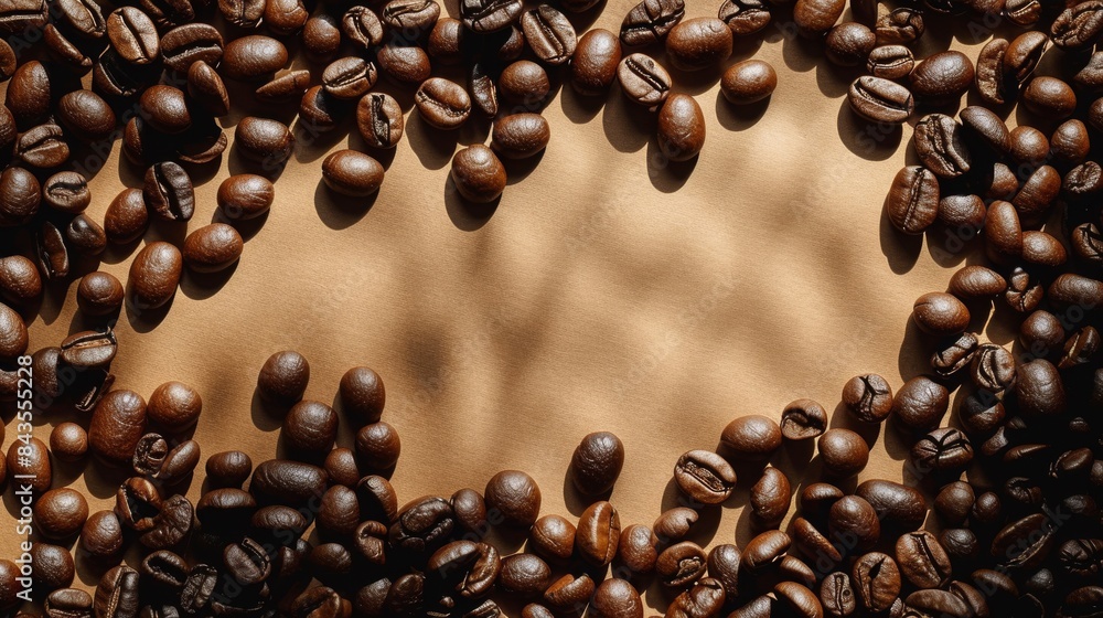 Poster coffee beans are scattered on a brown background in a circular pattern, creating light and shadow ef