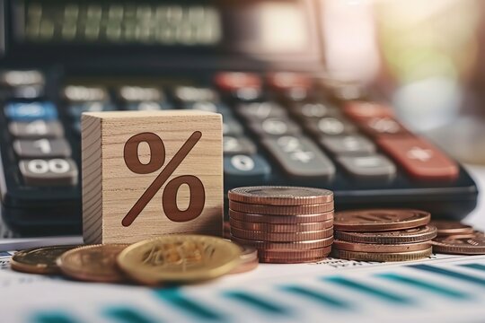 Tax season Taxation. Percent sign on wooden block, calculator, coins stack. Paperwork, financial research, report. Calculate tax return. Personal banking. Finance. Planning budget. Calculating expense