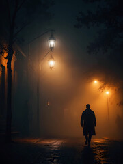 Silhouette of a man walking down the street at night