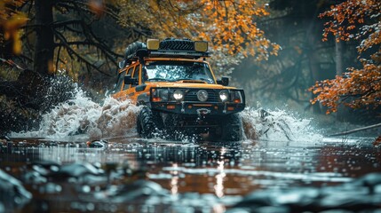 A yellow jeep is driving through a river