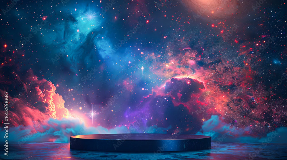 Wall mural black podium on a background of night sky with clouds. 3d rendering