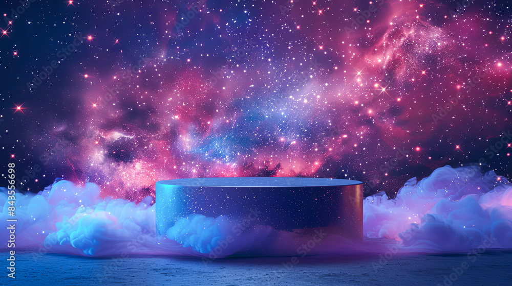Wall mural 3d rendering of a podium in the night sky with clouds.