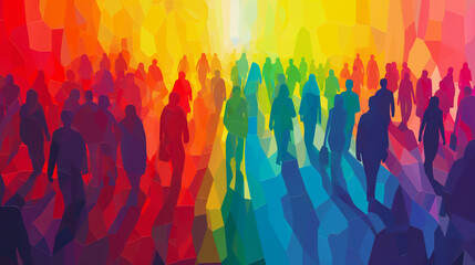 Diverse People Walking on a Street, Pop Art Color Block Painting. Equality, Human Rights, Modern Society, Globalisation. Pride March, LGBTQ+ community, Festival. Audience, Crowd, Citizens, Humans