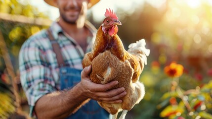 the farmer holds a chicken in his hands. Selective focus