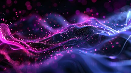 Fototapeta premium Flowing fluid light particles in purple and blue on black background