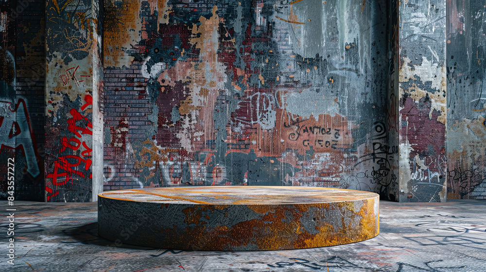 Poster Abstract scene with empty round podium on grunge background. 3d render