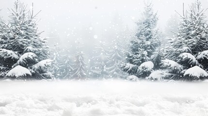 Fototapeta premium Snowy landscape with evergreen trees, clear blue sky, and gentle sunlight. Winter wonderland concept.