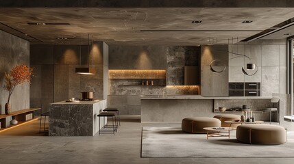 A spacious and modern loft apartment with concrete accents, natural light, and contemporary furniture