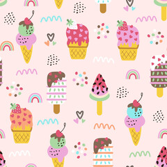 Summer seamless pattern with hand drawn colourful ice cream. Modern texture for fabric, textile, wallpaper. Vector illustration.