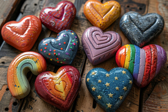 Close-up of painted heart-shaped rocks, some with rainbow colors and others with various patterns