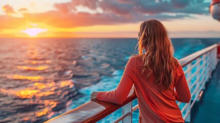 Fototapeta premium A woman standing on a cruise ship's deck at sunset, looking out over the ocean, symbolizing tranquility and escape. The concept is travel and serenity.