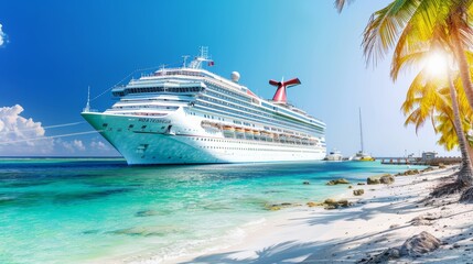 Large white cruise ship docked by a tropical beach with clear turquoise waters and palm trees under a bright blue sky, symbolizing vacation and luxury travel.