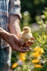 Obraz premium the farmer holds a small chicken in his hands. Selective focus