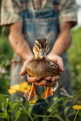 Obraz premium the farmer holds a duck in his hands. Selective focus