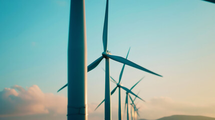 Fototapeta premium Close-up of a wind turbine at sunset. Alternative energy resources. Green energy concept. Generative AI