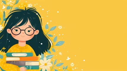 Illustration of a cheerful girl with glasses holding books, set against a vibrant yellow background, capturing a playful and educational theme.