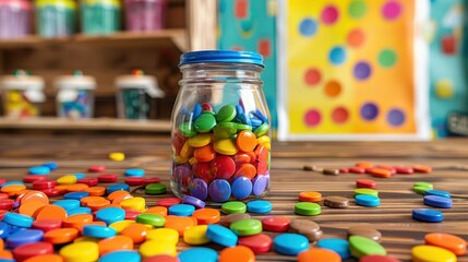 A jar of rainbow colored candies is on a table