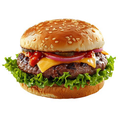 Close-up of a Delicious Cheeseburger with Lettuce, Tomato, Onion and Pickles