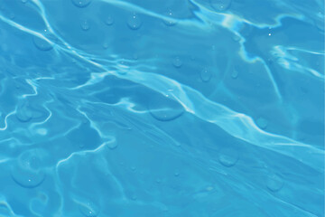 Blue water with ripples on the surface. Defocus blurred transparent blue colored clear calm water surface texture with splashes and bubbles. Water waves with shining pattern texture background.