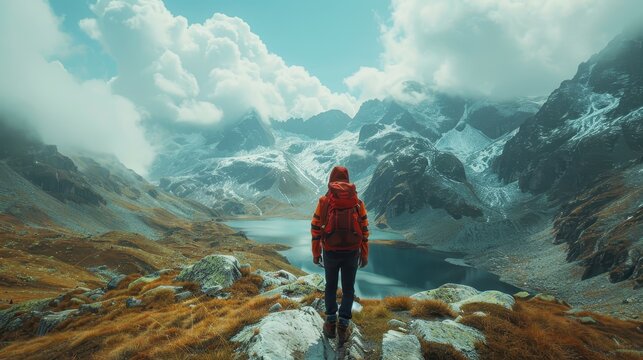 A man in a red jacket is standing on a mountain top, looking out over a lake