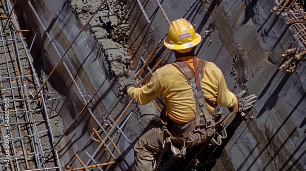 Poster a construction worker in a harness scales the side of a deep trench placing rebar supports in prepar