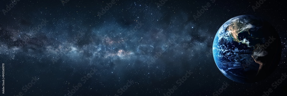 Poster spectacular image of earth illuminated by sunlight with a vast milky way backdrop. cosmic exploratio