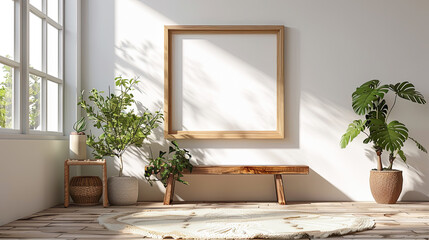 Interior of living room with empty picture frame, 3d render