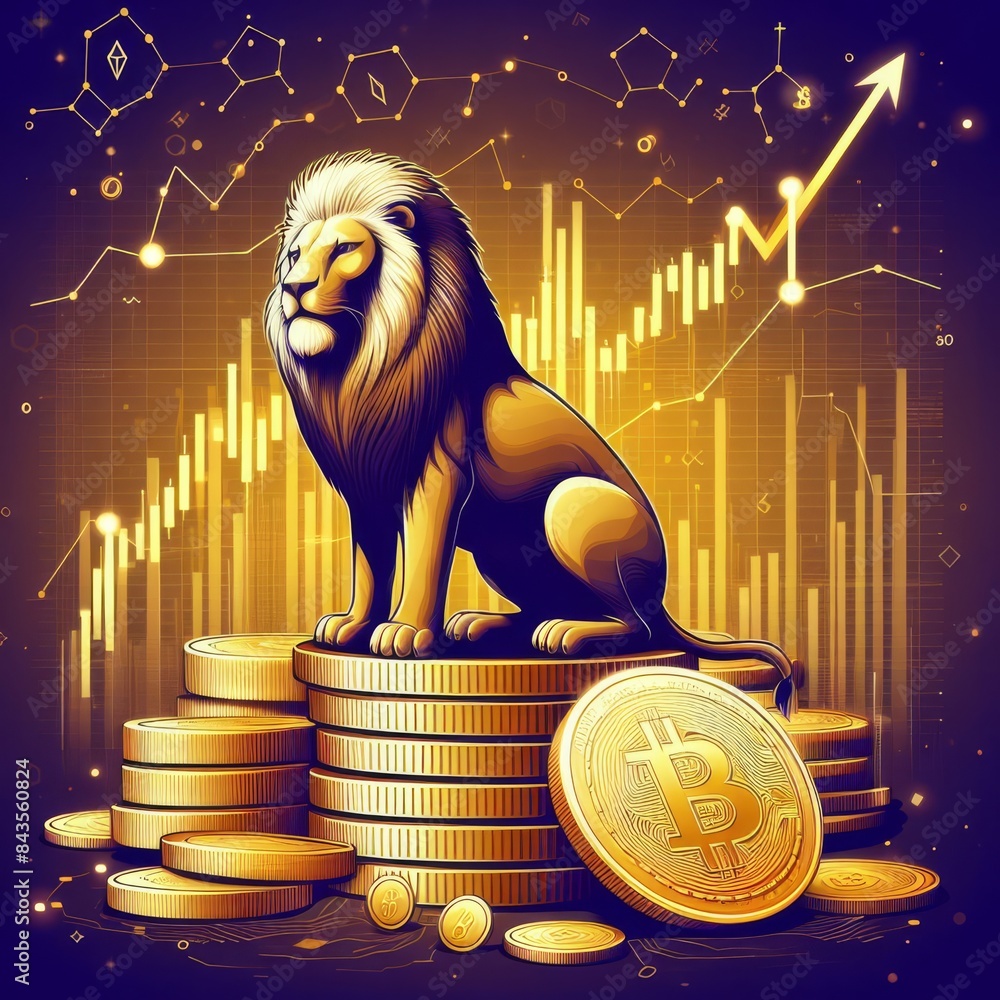 Aufkleber an artistic representation of a lion sitting on a stack of bitcoin gold coins with a market chart in