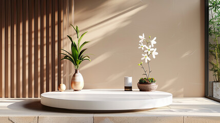Fototapeta premium 3d render of modern minimalistic bathroom with beige walls and white round podium with white flowers.