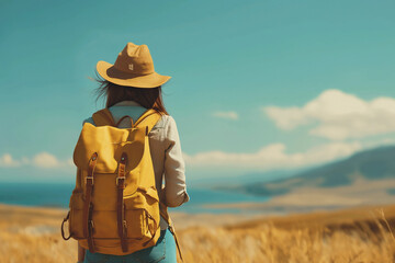 Young woman standing in a field of wheat wearing a hat and backpack looking out at the view