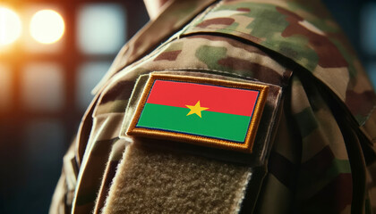 A soldier's uniform with the Burkina Faso flag patch, symbolizing patriotism and service to the nation