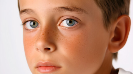 Close-up portrait of a young boy with light blue eyes and freckles, looking directly at the camera with a calm and thoughtful expression.