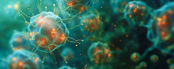 Obraz premium Microscopic View of Virus Particles, Macro Close Up. Colourful Glow, Scary, Mystical. Bacteria Infection, Disease, Contamination. Biology, Science, Medicine. Cleaner, Washing Detergent, Immune System