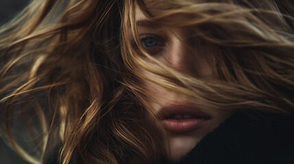Close-up portrait of a young woman with flowing hair partially covering her face, looking introspective and thoughtful in a moody lighting.