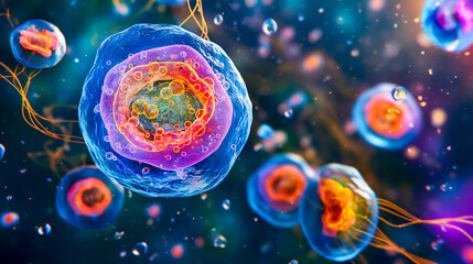 Microscopic View of Virus Particles, Macro Close Up. Colourful Glow, Scary, Mystical. Bacteria Infection, Disease, Contamination. Biology, Science, Medicine. Cleaner, Washing Detergent, Immune System