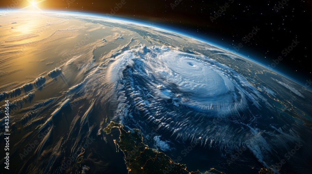 Poster stunning image of earth showcasing a massive hurricane over the ocean at sunrise. highlighting the p
