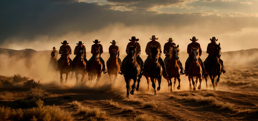 Group of cowboys on horseback at sunset