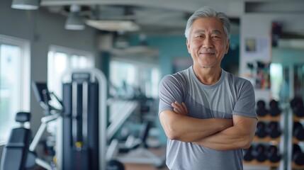 Obraz premium Elderly Male Korean Fitness Trainer in a Modern Gym, Promoting Active Seniors Lifestyle and Physical Wellness