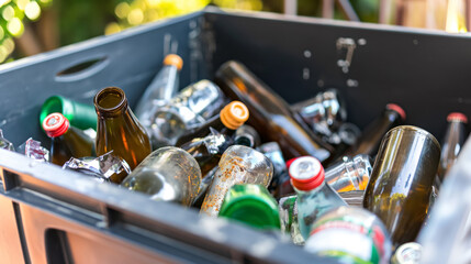 Crate filled with various empty glass bottles, including green, brown, and clear ones, some with bottle caps, representing recycling efforts.