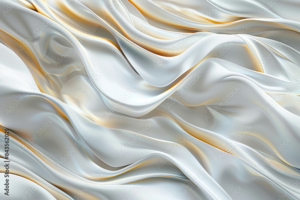 Poster flowing, white and gold translucent fabric-like shapes create an elegant, abstract design with soft 