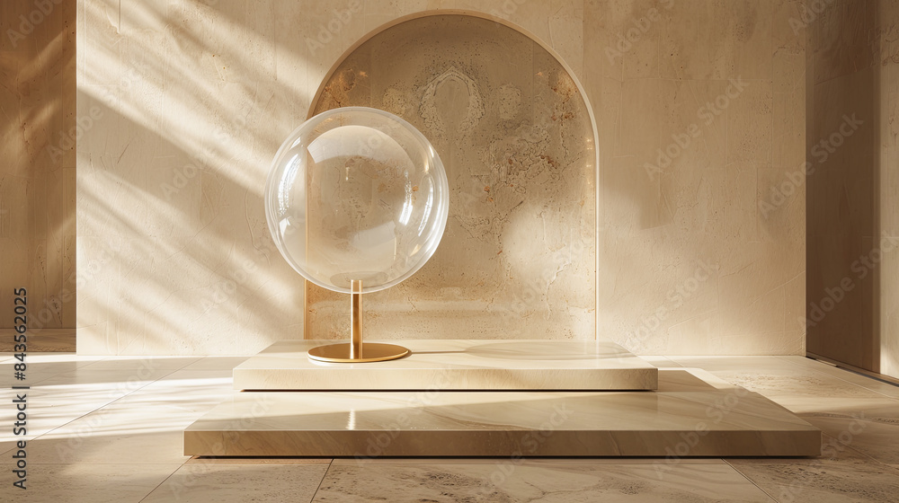 Sticker 3D render of a round glass globe on a pedestal in an empty room