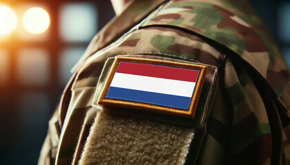 A soldier's uniform with the Netherlands flag patch, symbolizing patriotism and service to the nation
