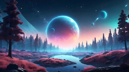 Fototapeta premium abstract Glowing particle Sparkles on alien planet landscape forest 3d rendering v3