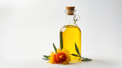 bottle of safflower oil on plain white background