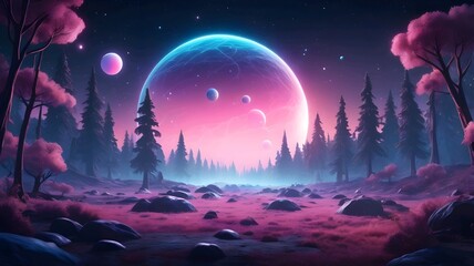 abstract Glowing particle Sparkles on alien planet landscape forest 3d rendering v3