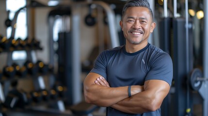 Middle-Aged Filipino Male Fitness Trainer Smiling, Arms Crossed in Gym Setting, Perfect for Health and Wellness Promotions