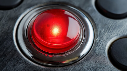 Close-up view of a red illuminated button on a metallic surface, indicating its activation status. The button is surrounded by other black buttons.
