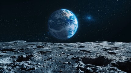 Spectacular view of Earth from the moon's surface with a starry sky. Ideal for space exploration and educational purposes